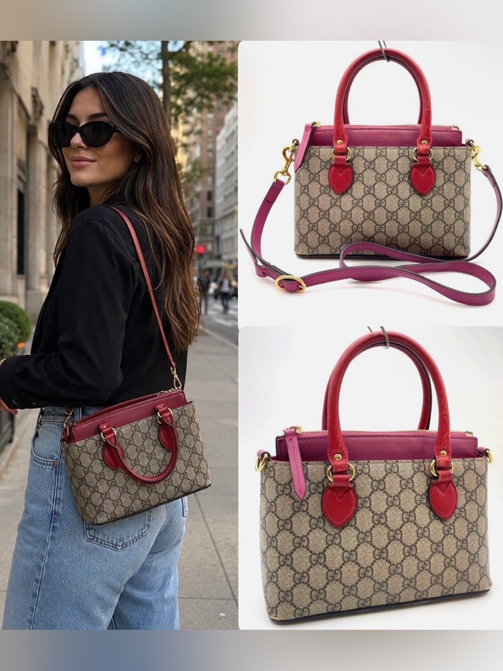 GUCCIGG MONOGRAM MOON CALFSKIN MEDIUM ZIP TOTE BEIGE, RED AND PINK